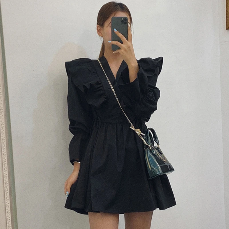 Женское платье с оборками однотонное элегантное ТРАПЕЦИЕВИДНОЕ ПЛАТЬЕ в