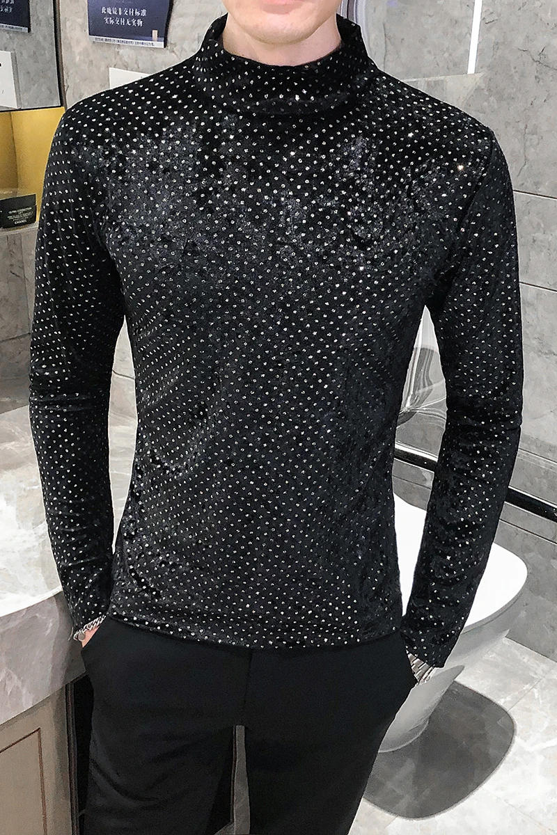 

2021 Polka Dot Velvet Men T-shirt Half Turtleneck T-shirt Long Sleeve Slim Fit Streetwear Casual Tees Nightclub Party Clothing