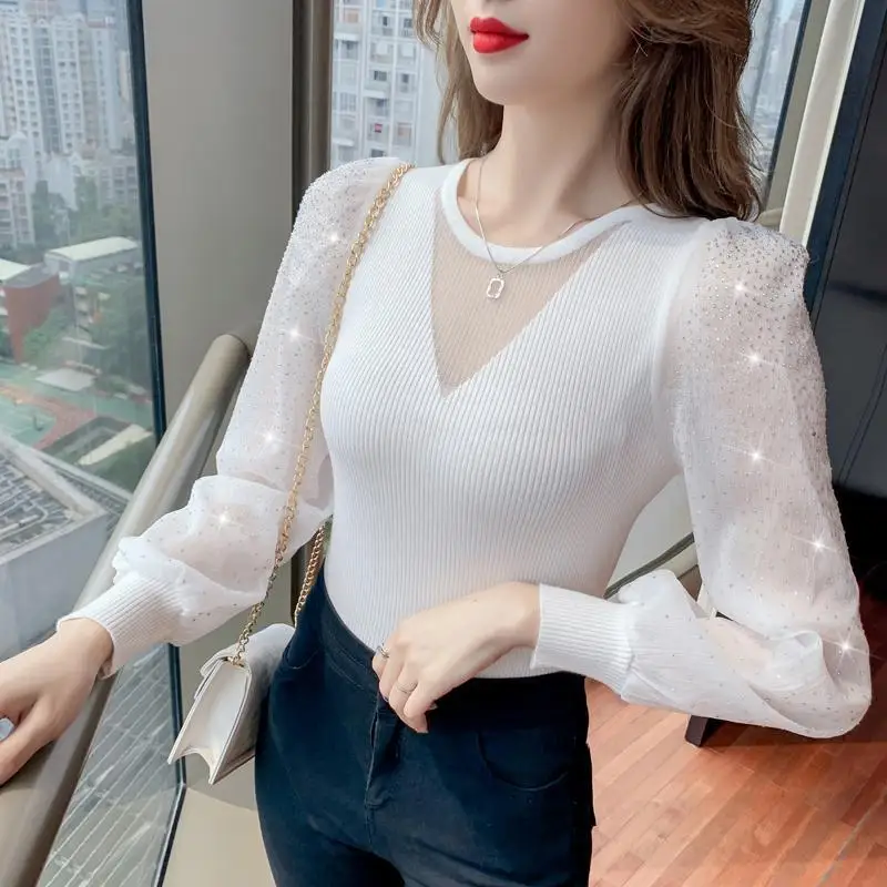 

Puff sleeve top women's 2021 new autumn and winter design sense hot drilling niche wild long-sleeved sweater sweater pullover