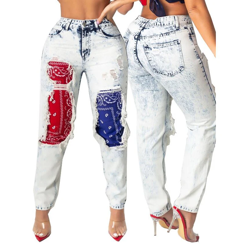 

Women Straight Leg Jeans Casual Red Blue Paisley Print Patchwork Ripped Jeans Woman Fashion Tassel Side Distressed Denim Pants