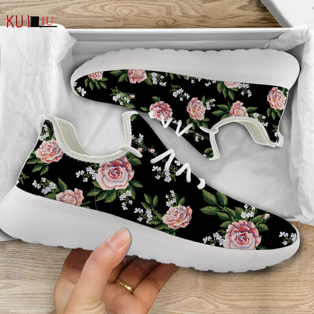 

KUILIU Beautiful Pink Red Rose Print Women Flats Casual Sneakers Autumn Ladies Air Mesh Breathable Soft Shoes Custom Dropship