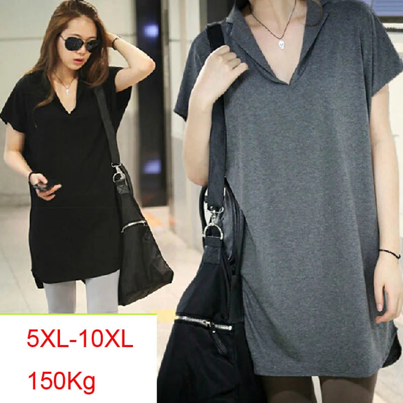 

150Kg Plus size women's summer loose batwing short sleeve long T-shirt bust 156cm 5XL 6XL 7XL 8XL 9XL 10XL V-neck modal top