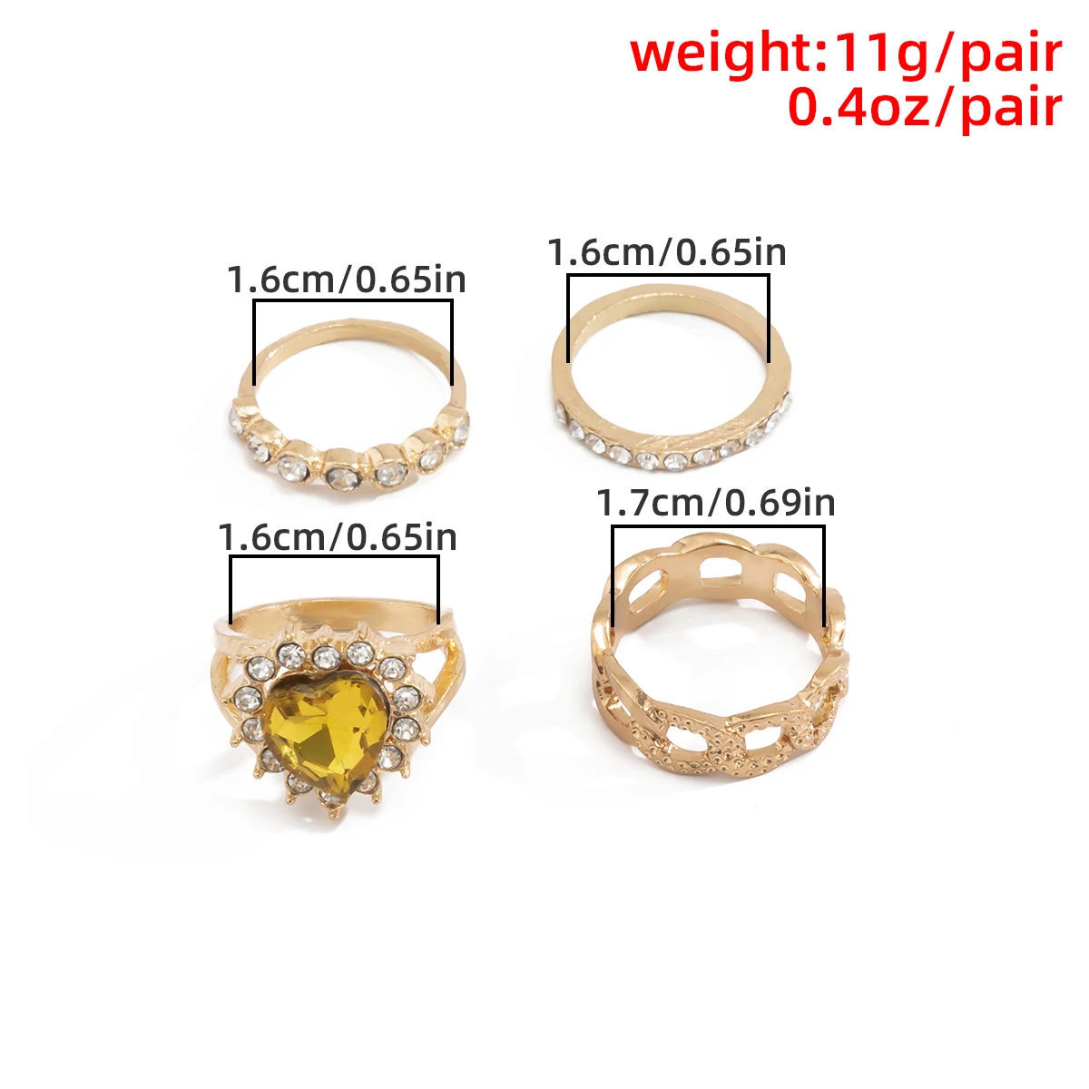 

4pcs/set Yellow Rhinestone Heart Rings for Women Shinny Crystal Rings Set 2021 Trendy Butterfly Finger Joints Wedding Jewelry