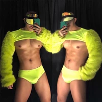 male fluorescent green fur blouse shorts men festival rave outfit stage gogo costume burning man nightclub dj ds clothing xs2479
