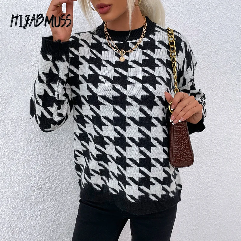 

Autumn And Winter New Products Women Knitwear Casual Long-sleeved Houndstooth Round Neck Sweater Jacket Pullover Women's