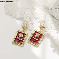 s925 silver earrings 2021 south korea rose pearl earrings ear clip red flower geometric vintage earrings trendy jewelry women