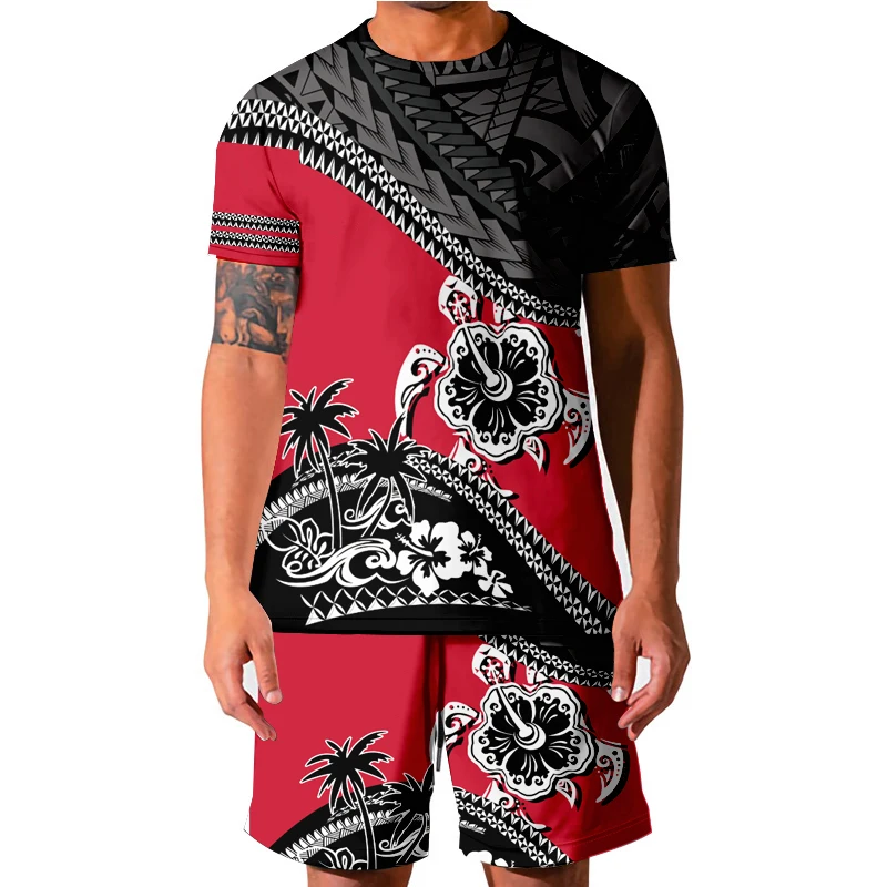 

Hawaiian Set Mens Printing Set Short Sleeve Summer Casual Tahiti Polynesia Shirt Beach Two Piece Suit 2021 New Fashion Men Sets