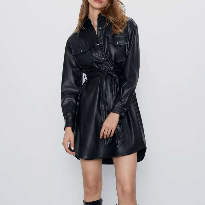 Женское Повседневное платье KUMSVAG черное из искусственной кожи с длинными