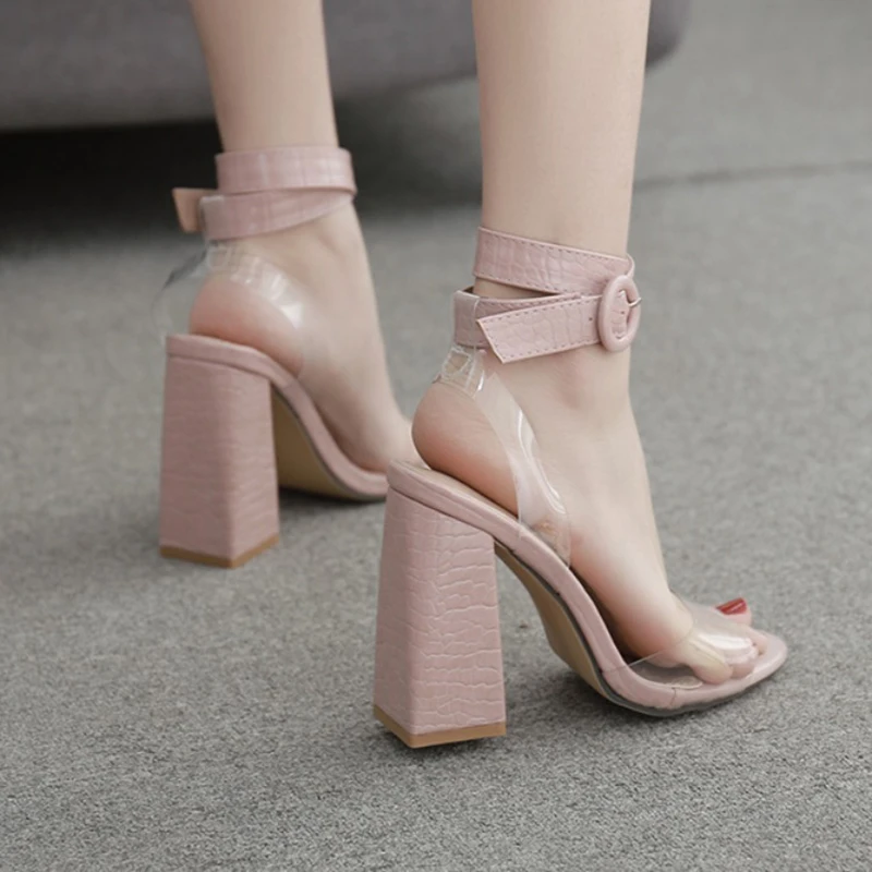 Celebrity pink stone pattern clear sandals women round buckle strap open toe flipflops carve thick super high heels sandalen2020 | Обувь