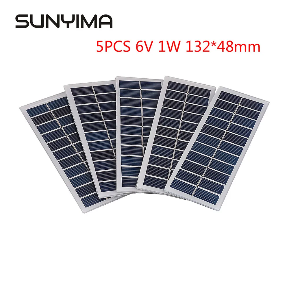 Солнечная панель SUNYIMA, 5 шт., 6 В, 1 Вт, 132*48 мм, высокопроизводительная Мини-Солнечная система «сделай сам» для аккумуляторов, зарядных устройств для телефонов, портативная солнечная батарея - изображение