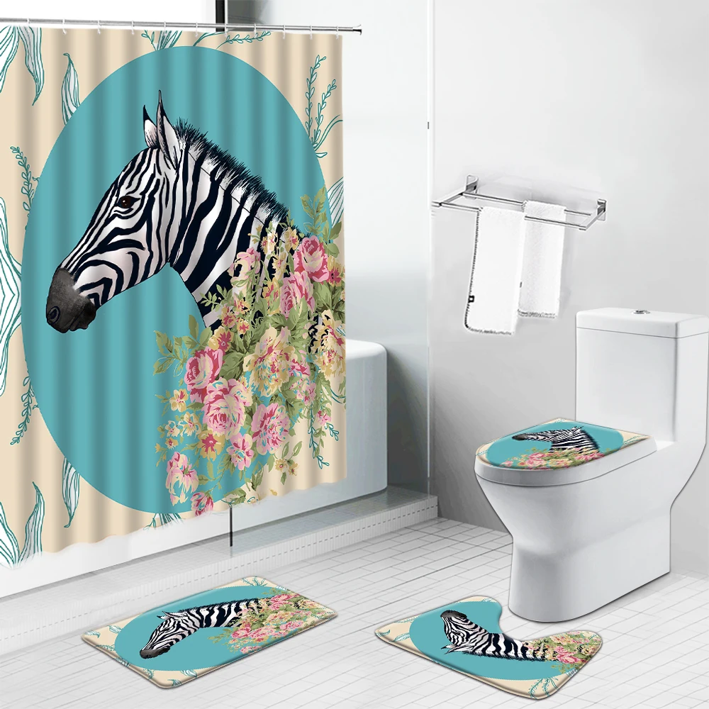 Kopen Zebra Bloem Douchegordijn Tijger Olifant Giraffe Non Slip Tapijten Wc Deksel Cover Tapijt Mat Cartoon Dier Badkamer Gordijn Set
