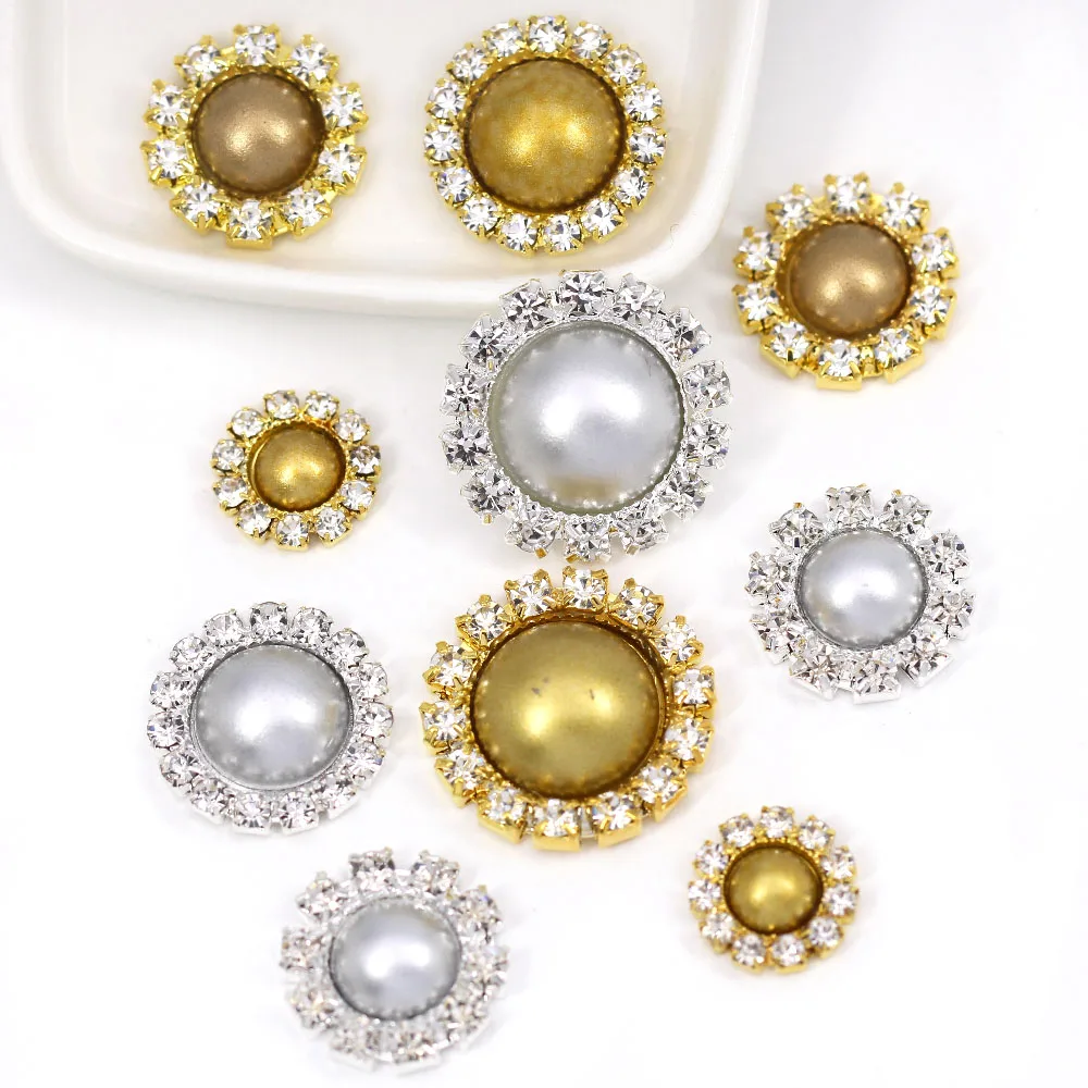 10 шт. Золотая Серебряная жемчужина Стразы с круглыми цветочными пуговицами для