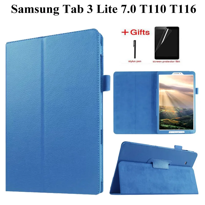 

Высококачественный чехол личи для Samsung Galaxy Tab 3 lite 7 T110 T111 чехол-подставка для Samsung Tab E lite 7 T113 T116 Чехол + пленка + ручка