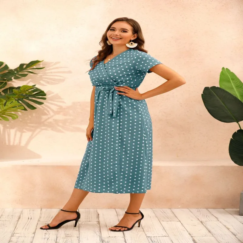 

-3XL women's slit long skirt short sleeve V-neck polka dot waist knot 2021 summer new French garden casual short sleeve dress