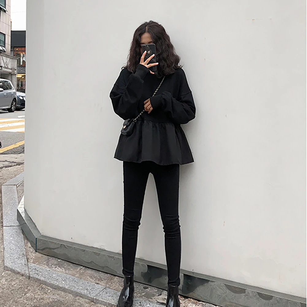 sweatshirt women vintage Solid Color Blouse Long Sleeve O Neck Large Hem Loose sweatshirt Pullover Women's Clothing xxl