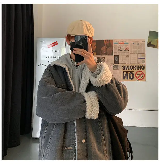 Winter Plus Velvet Thick Denim Jacket Men's Warm Parka Men Fashion Lamb Fur Coat Man Loose Cotton Denim Jacket Male Clothes