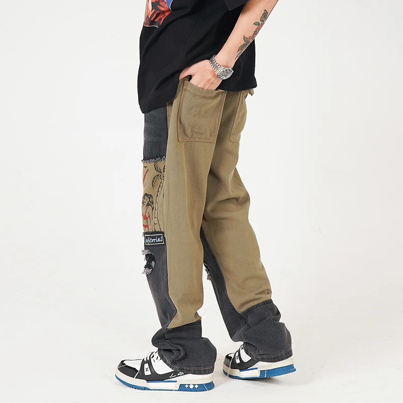 

Harajuku Retro Hole Spliced Jeans Pants Men and Women Washed Straight Oversize Denim Trousers Loose High Street Casual Jean