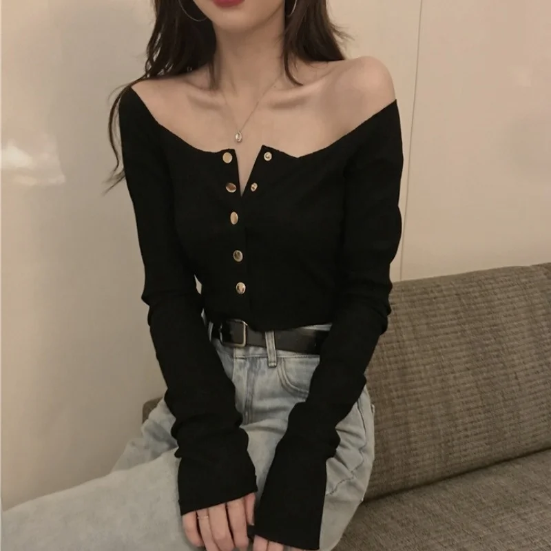 

European Goods Inner Wear Long Sleeve T-shirt Top Slimming Collarbone Big U-Neck Sexy Tight Square Collar Bottoming Shirt Jum