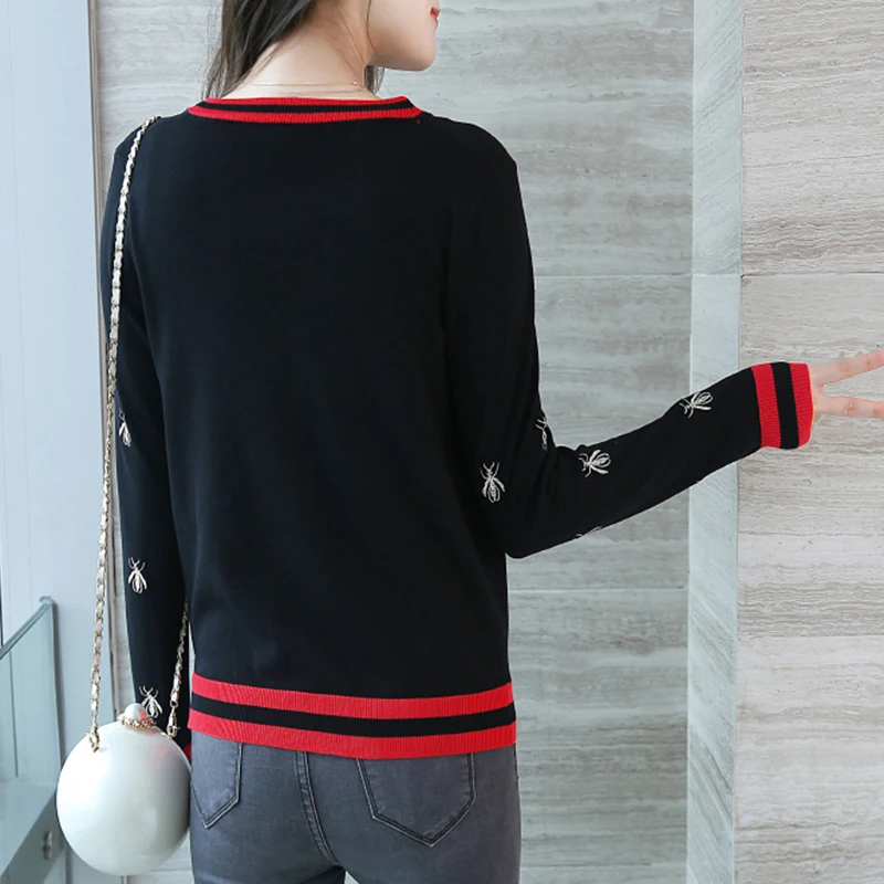 Женский трикотажный кардиган с вышивкой пчелы длинный рукав v-образный вырез