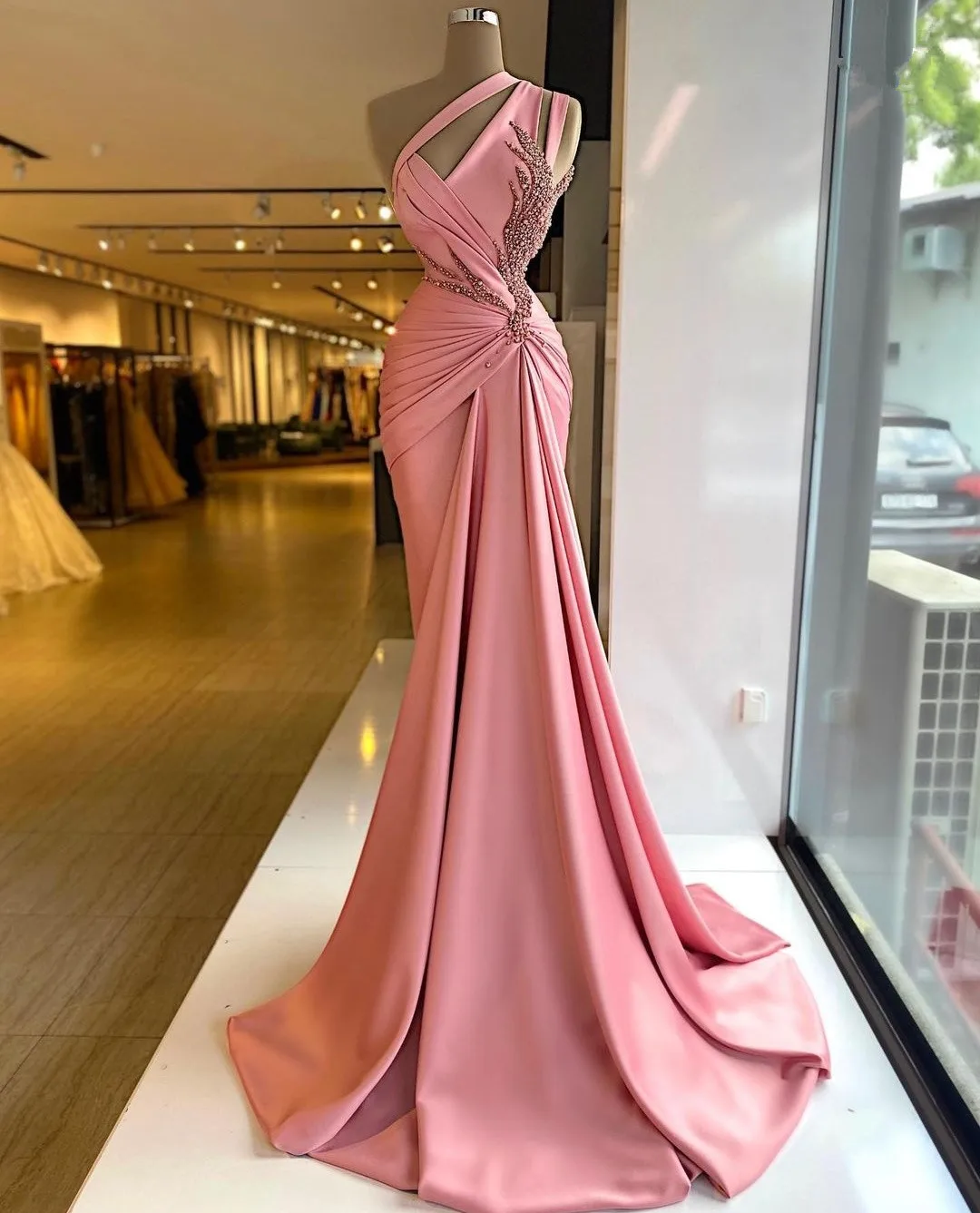 

Luxury Pink Pearls Mermaid Evening Dresses One Shoulder Ruched Prom Gowns Sweep Train Formal Party Dress Customise