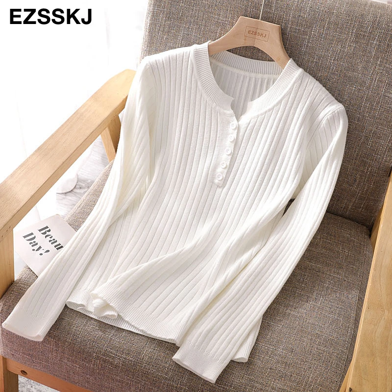 2020 autumn winter thick Sweater Pullover women long sleeve Fashion O-Neck bling Button chic knit sweater top | Женская одежда