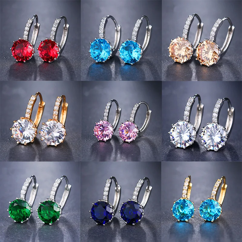 

Ekopdee 2021 New Luxury Colourful Blue Zircon Stud Earrings For Women Fashion CZ Geometric Wedding Hoop Earrings Female Jewelry