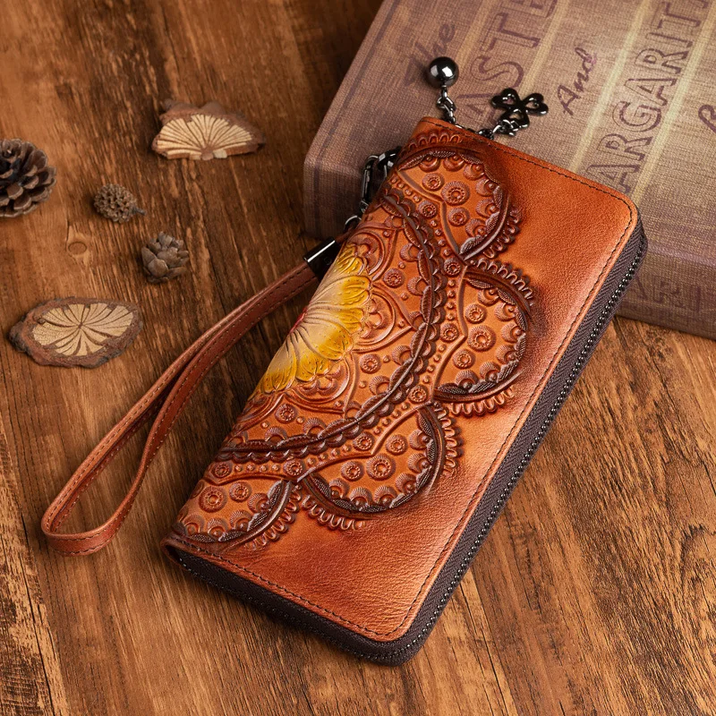 VOLASSS Vintage Genuine Leather Wallets For Women Handmade Embossed Purses Wallet China Style Card Holder Female Cartera Mujer enlarge