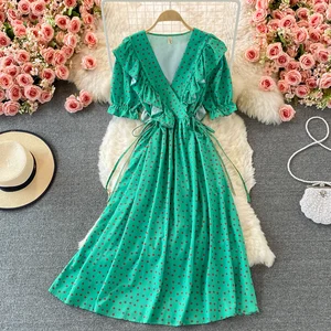 Summer Green Polka Dot Ruffle Midi Dress Women Sexy V-Neck Flare Short Sleeve High Waist Drawstring Big Swing Vestidos 2021 New