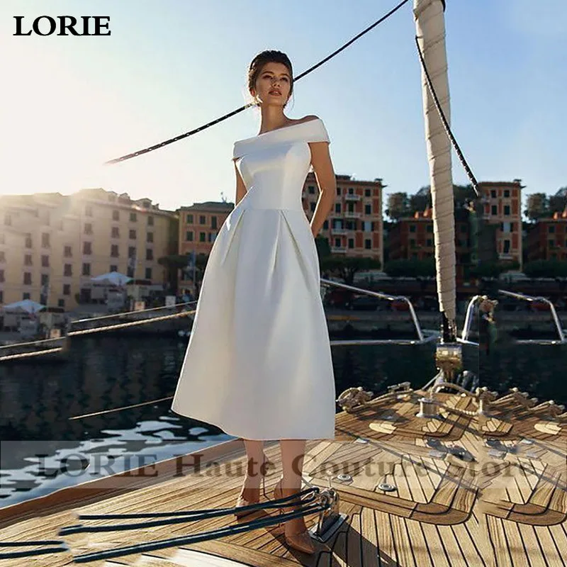 Lorie A-Line атласные свадебные платья плюс размер Короткие свадебные платья с открытыми плечами Vestidos свадебные платья