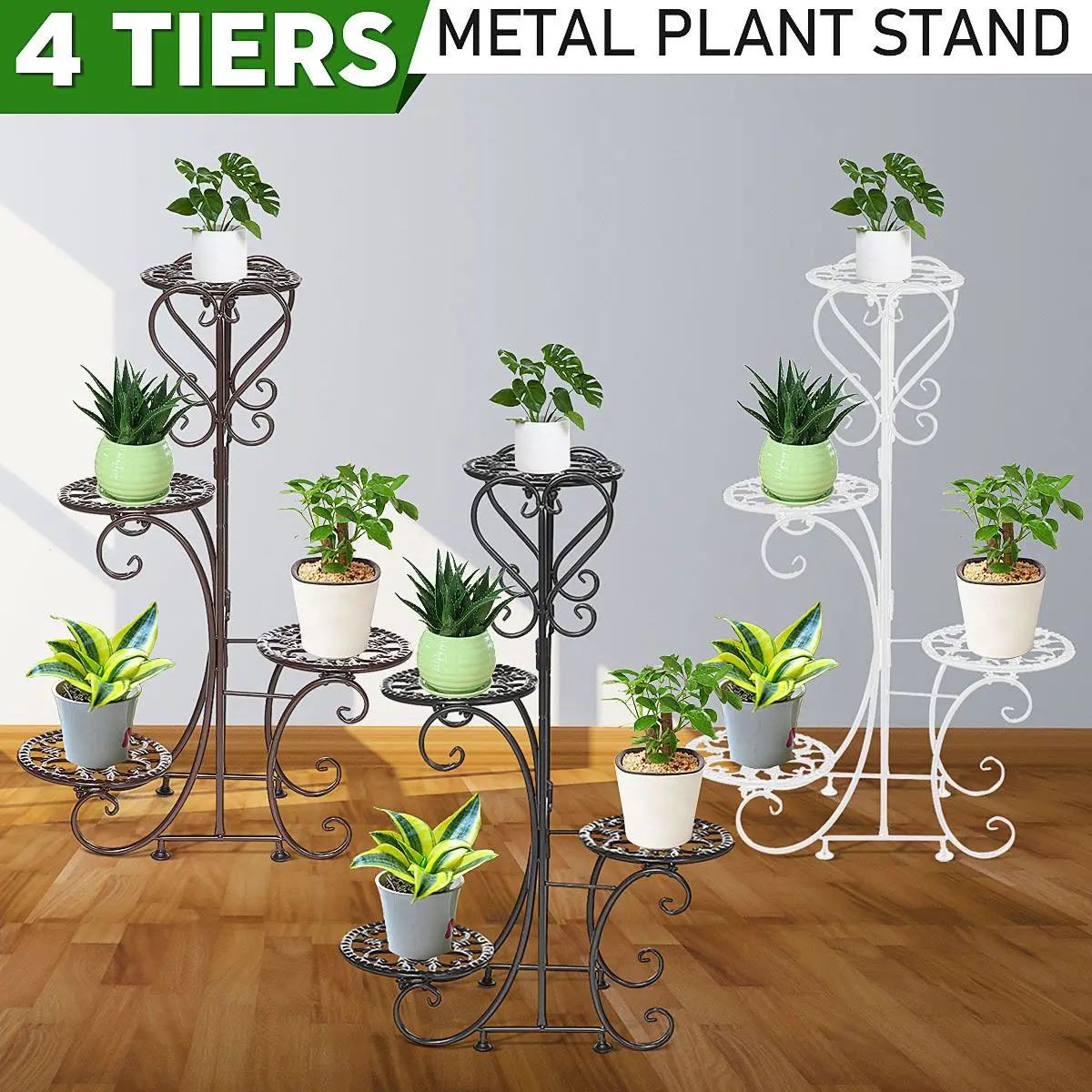 

Upgraded 4 Tires Indoor & Outdoor Iron Art Plant Stand Flower Pot Holder Display Bookshelf Rack Plants Garden Patio Home