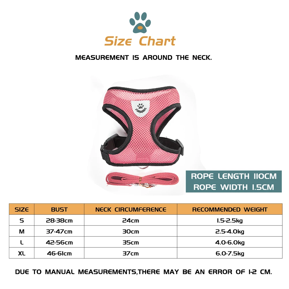 

Pink Breathable Dogs Cats Harness Vest Adjustable No Pull Reflective Pet Harness Training Puppy Harnesses for Chihuahua Kitten