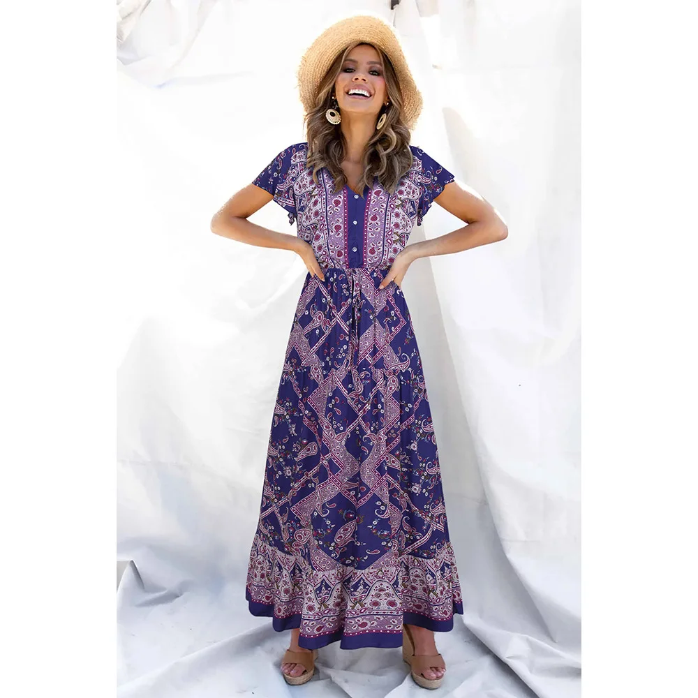 

Women's Bohemian Deep V Sexy Floral Short-sleeved Dress Irregular Chiffon Skirt High Waist Summer Dress Tunic Vintage Clothes