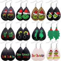 new grinch christmas cartoon faux leather earrings for women santa black red buffalo plaid pattern teardrop earrings bulk