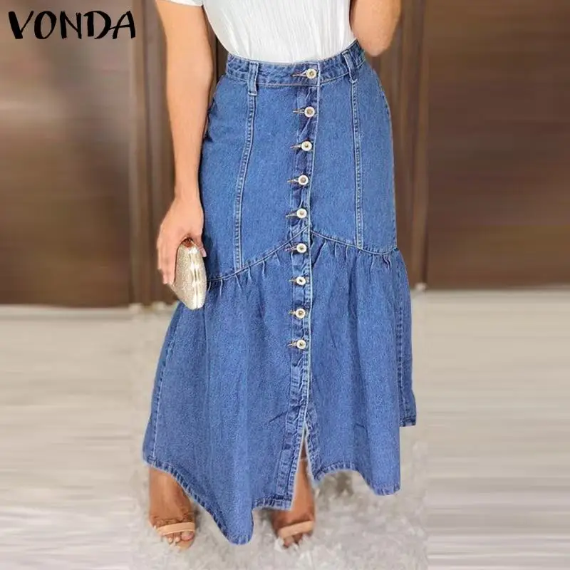 

2021 Новая модная джинсовая юбка VONDA большого размера, осенняя Повседневная однотонная женская юбка миди с высокой талией, плиссированная юбк...