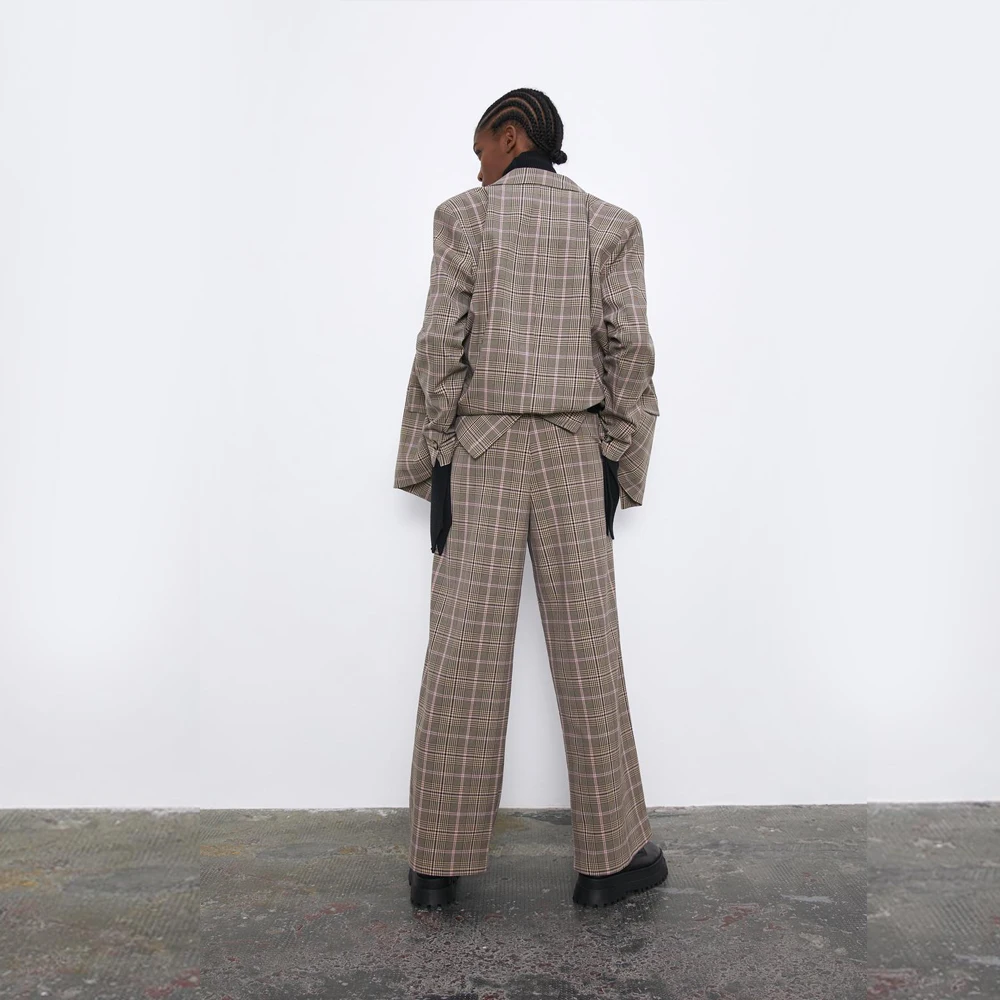 Женский двубортный костюм ZA свободная куртка с отворотами и широкими брюками в