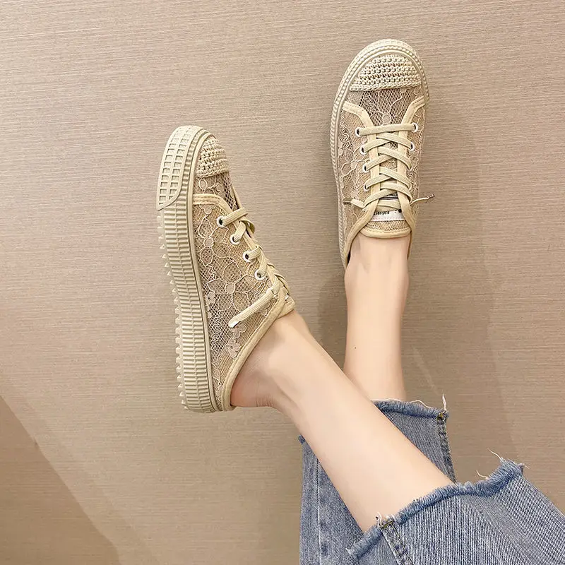 

2021 Summer New Women's Sports Shoes Fashion Women's Sneakers Hollow Breathable Platform Shoes Casual Cutouts Lace Canvas Shoes