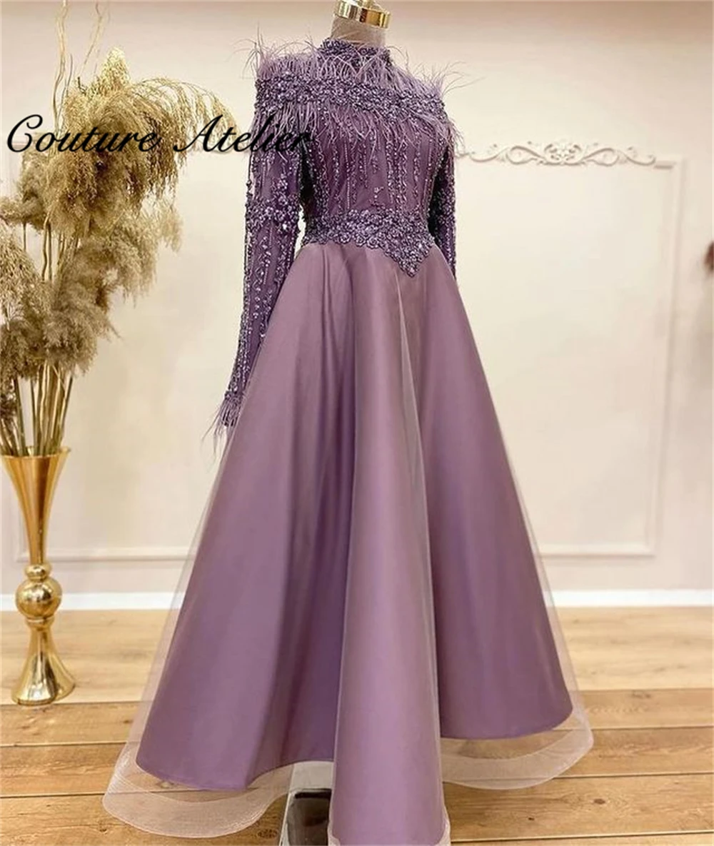 

Light Purple Muslim Evening Dresses Long Sleeve Dubai Prom Dresses Islamic Gown Feathers A Line Formal Gowns