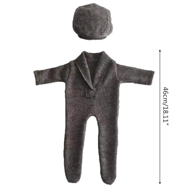 

2Pcs Newborn Photography Props Suit Romper + Hat Set Long Sleeve Jumpsuits Bodysuit Handmade Knit Outfit Clothing