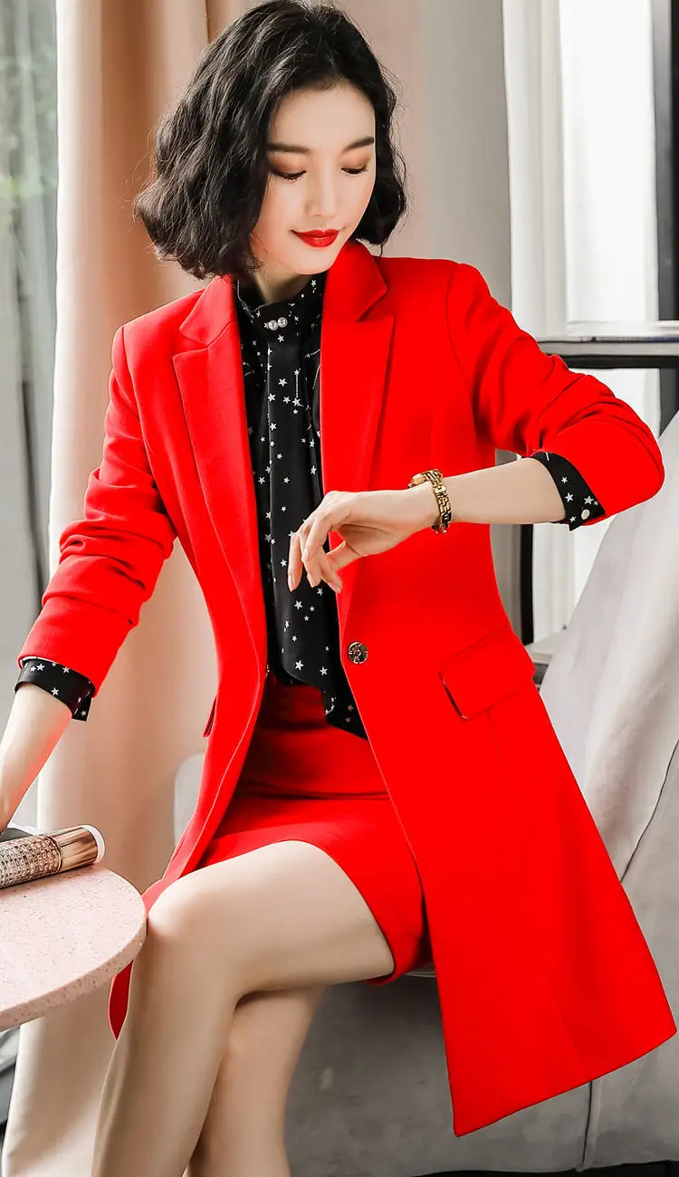 red suit Дамская элегантная офисная одежда платье костюм женский длинный стиль куртка юбка M-4XL размера плюс синтетическая ткань Рабочий костюм f80808 - Цвет: red suit