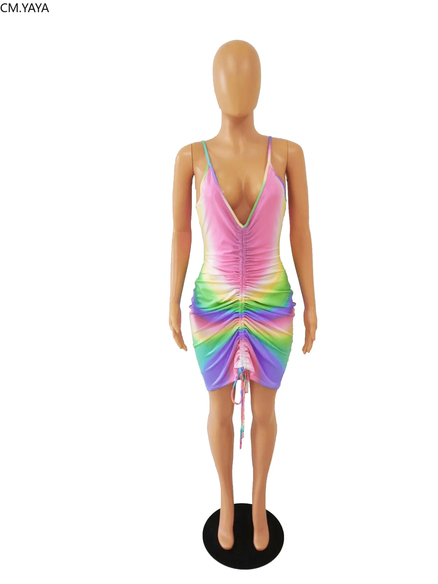 Женское облегающее платье миди без рукавов на бретелях спагетти с радужным