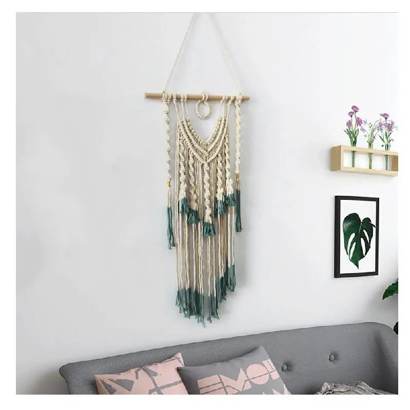 Настенный зеленый и бежевый Плетеный гобелен с кисточками настенный