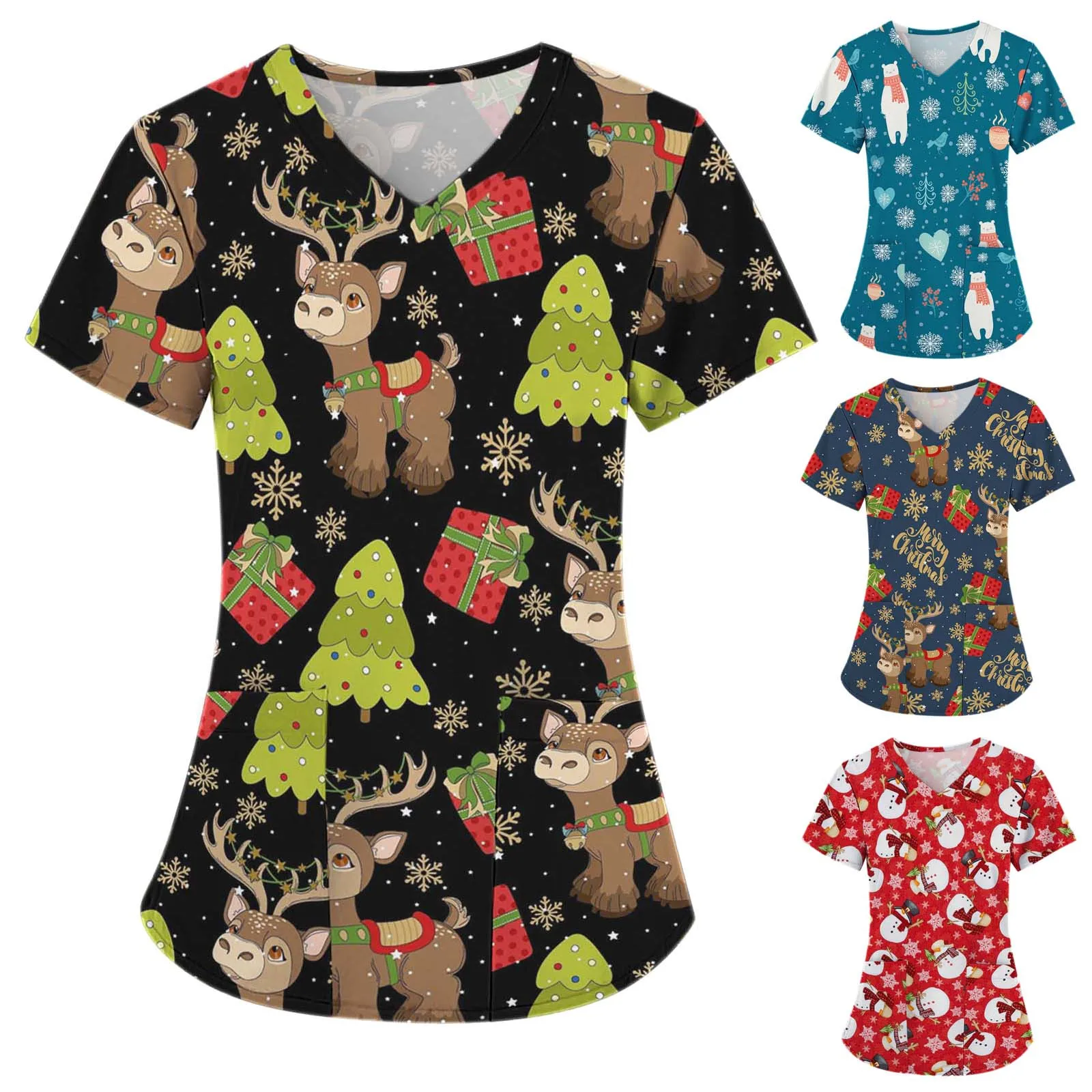 Рождественская униформа медсестры женские топы с коротким рукавом и карманом в