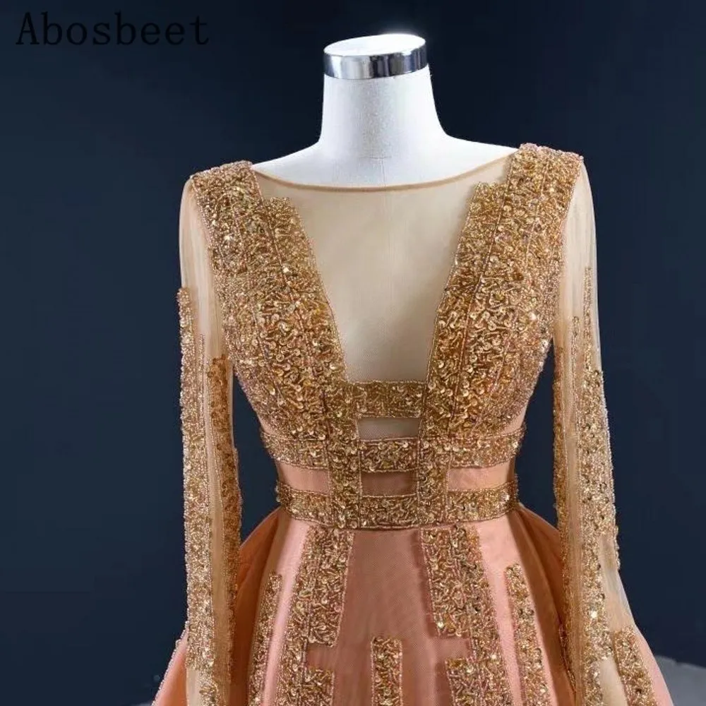 Gold Beading Vintage Mermaid Evening Dress Long Sleeve Muslim Prom Party Gown Long Train Shining Elegant Evening Gown