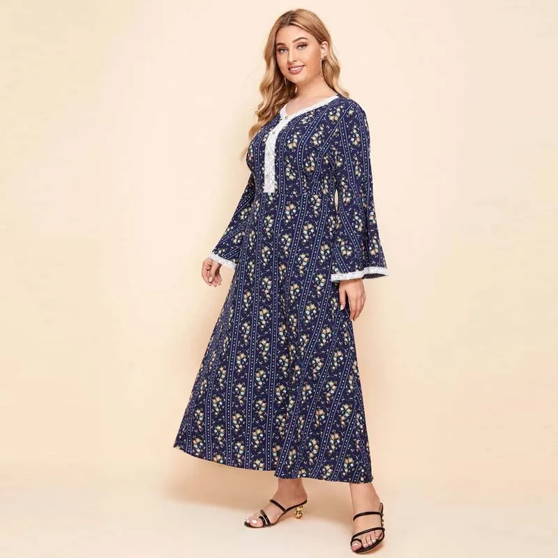 

4xl A-Line Lace Plus Size Printed Navy Blue Women Maxi Summer Casual Long Flared Sleeve Sweet Loose Ankle-Length Dress