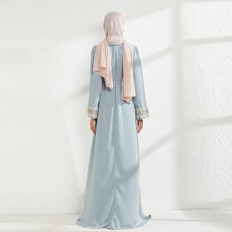 

Women's Runway Dress O Neck Long Sleeves Embroidery Piping Lace Up Waist Elegant Muslim Robes Maxi Dresses