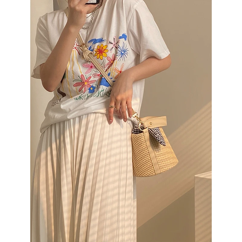 Beach Straw Woven Bucket Bag for Women Bowknot Plaid Ladies Small Shoulder Messenger Bags Female Summer Tote Purse Handbags