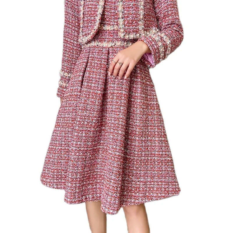 

Elegant Ladies 2020 Autumn Wool Two Piece Outfits Set Women Plaid Pearl Short PinkCoat+Tank Midi Dress Korean Skirt Set OL Femme