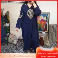 riched summer dress 2021 morocco solid color embroidery loose casual african womens dress hooded long sleeve jellaba dress