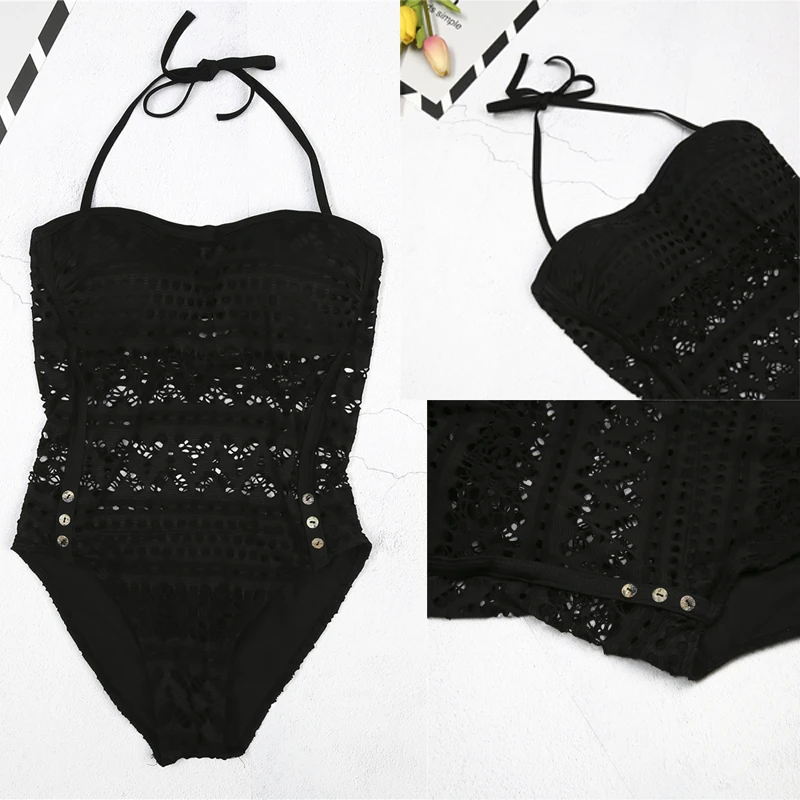 Женский слитный купальник размера плюс 3XL пикантный черный ажурный однотонное