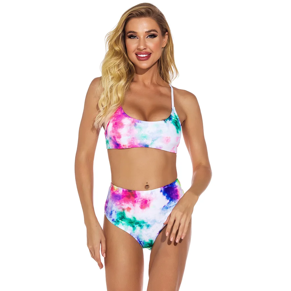 2021 New Arrival Swimsuit High Waist Tie-dye Split Bikini 2 Piece Set Women